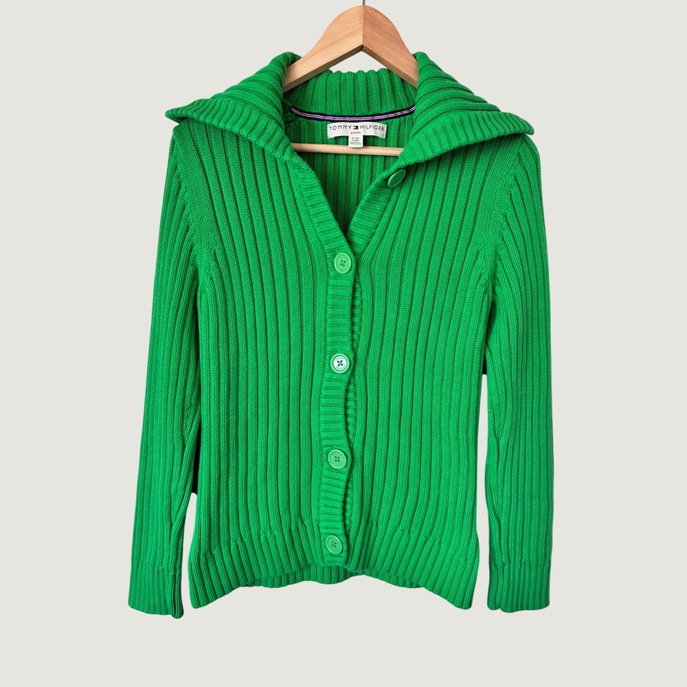 Tommy Hilfiger Green Ribbed Cotton Cardigan Sweater Petite Large Button Front